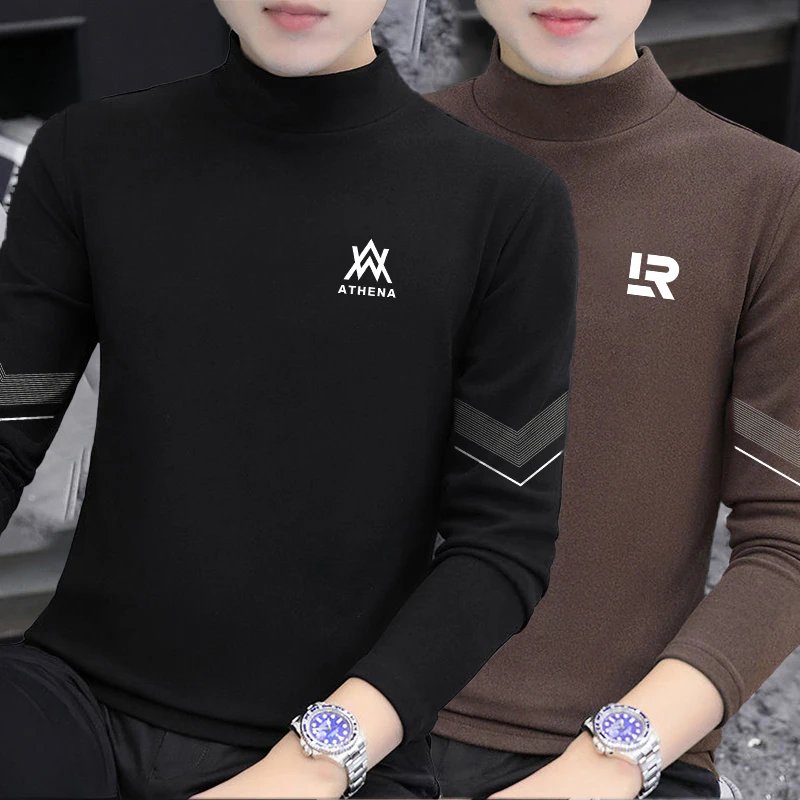 新款半高领男女打底衫双面绒德绒秋冬季加绒加厚保暖商务修身印花