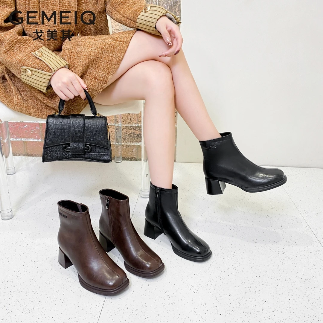 戈美其商场同款粗高跟方头时装靴时尚英伦风瘦瘦靴气质190618357