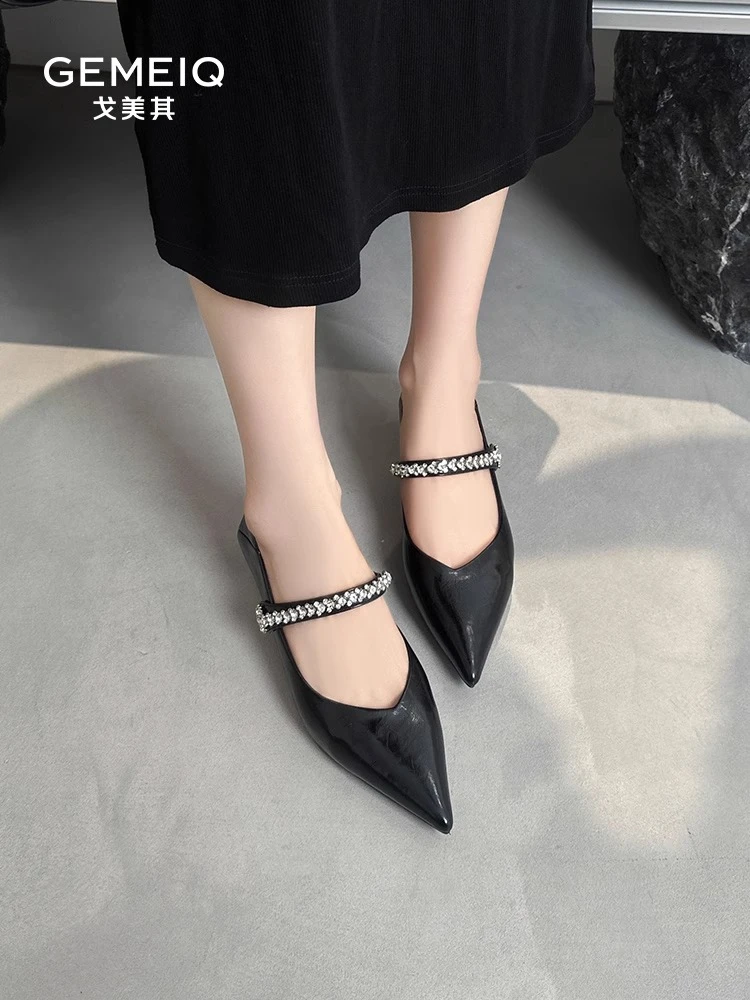 戈美其浅口单鞋女2024秋季新款仙女风尖头小跟鞋气质水钻低跟女鞋