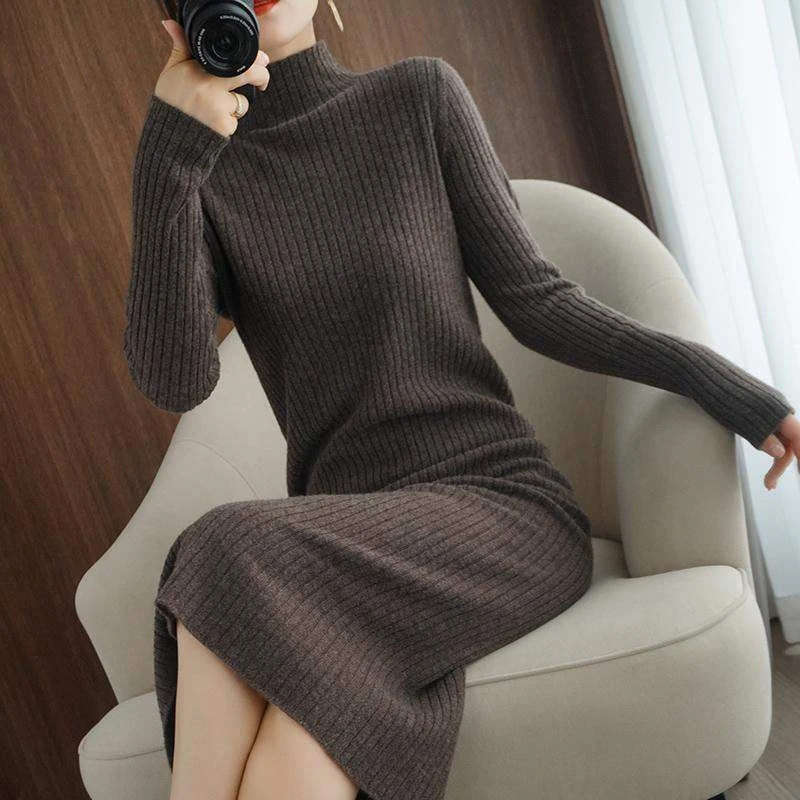 长款过膝毛衣裙女半高领套头加厚打底内搭毛衣针织配大衣连衣裙女