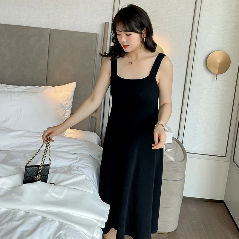 JJ71101大码春秋新款韩版时尚百搭气质显瘦收腰黑色吊带连衣裙