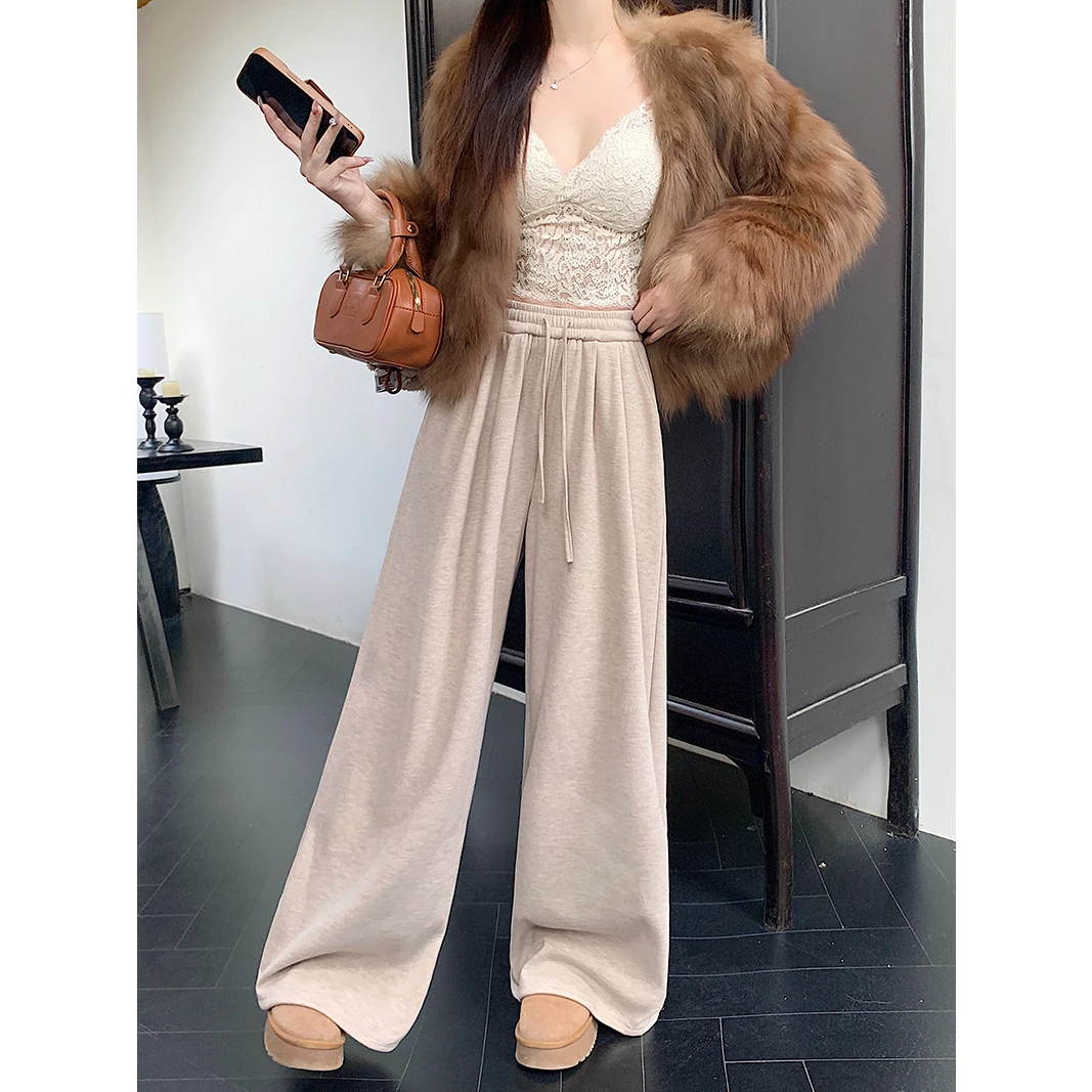 JJ20789大码女装春秋新款加绒加厚保暖显瘦松紧腰阔腿裤拖地裤