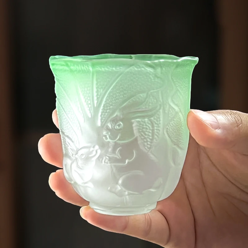 水晶玻璃玉兔白菜茶杯国潮品茗杯轻奢创意茶具透明琉璃主人杯单杯