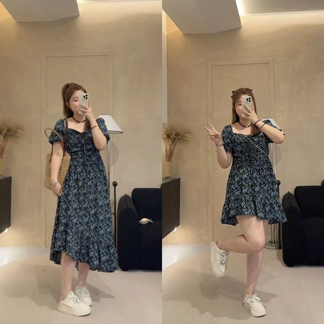 晶咕【心语心愿】方领碎花连衣裙长短版显瘦气质时尚夏季初恋