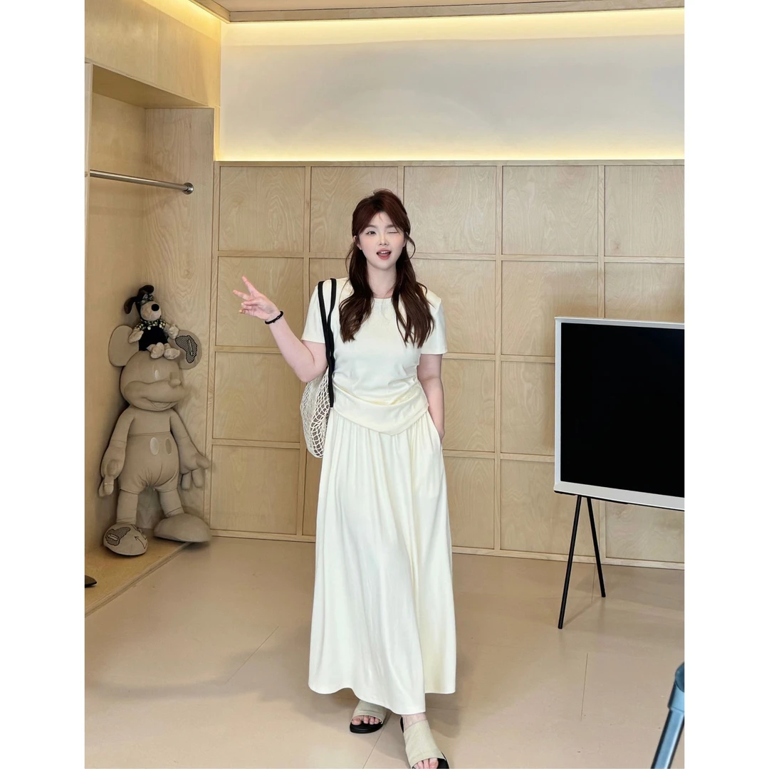 晶咕【舒适区-上衣】韩系纯色大圆领双侧褶皱饺子短袖t恤气质