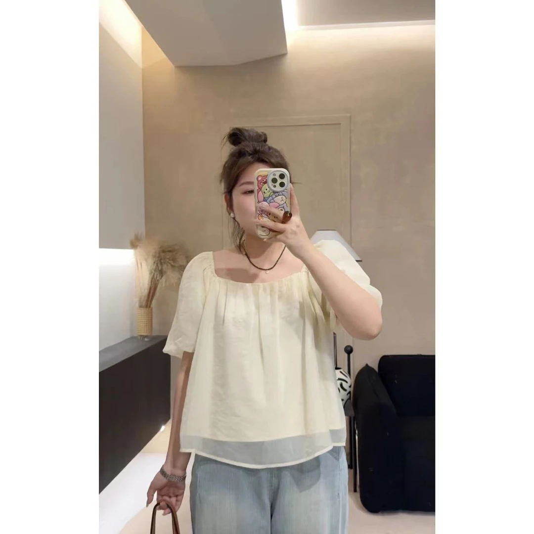 晶咕【微甜百利】法式方领泡泡袖衬衫显瘦气质时尚夏季圆领