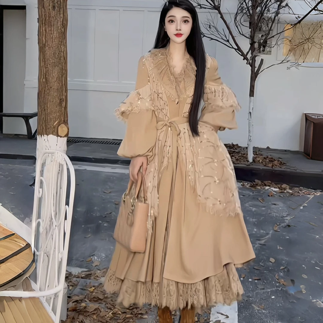 亚町家原创风衣外套珠片绣气质显瘦复古法式长款温柔小众长袖2738