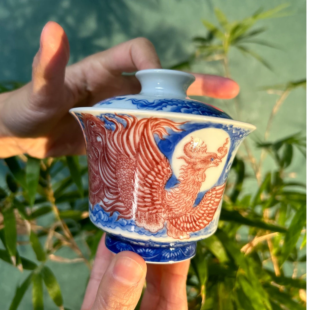 自成堂青花釉里红龙凤马蹄盖碗