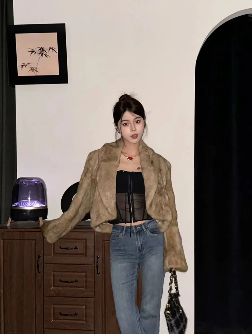 ‘中古拿铁’复古意式老钱风兔毛秋冬时尚皮草外套女