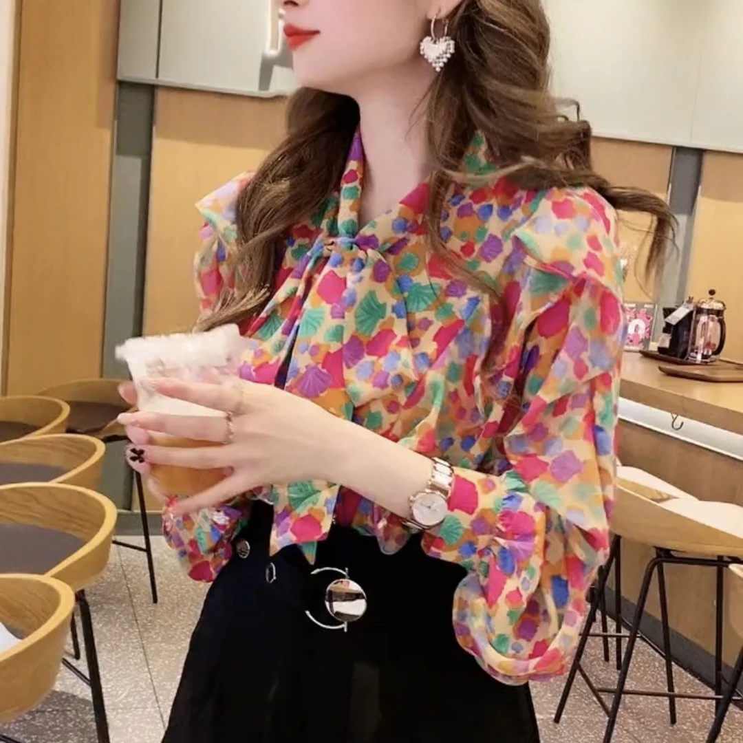 2023年早春新款法式蝴蝶结系带雪纺衬衫女士小众长袖上衣别致显瘦