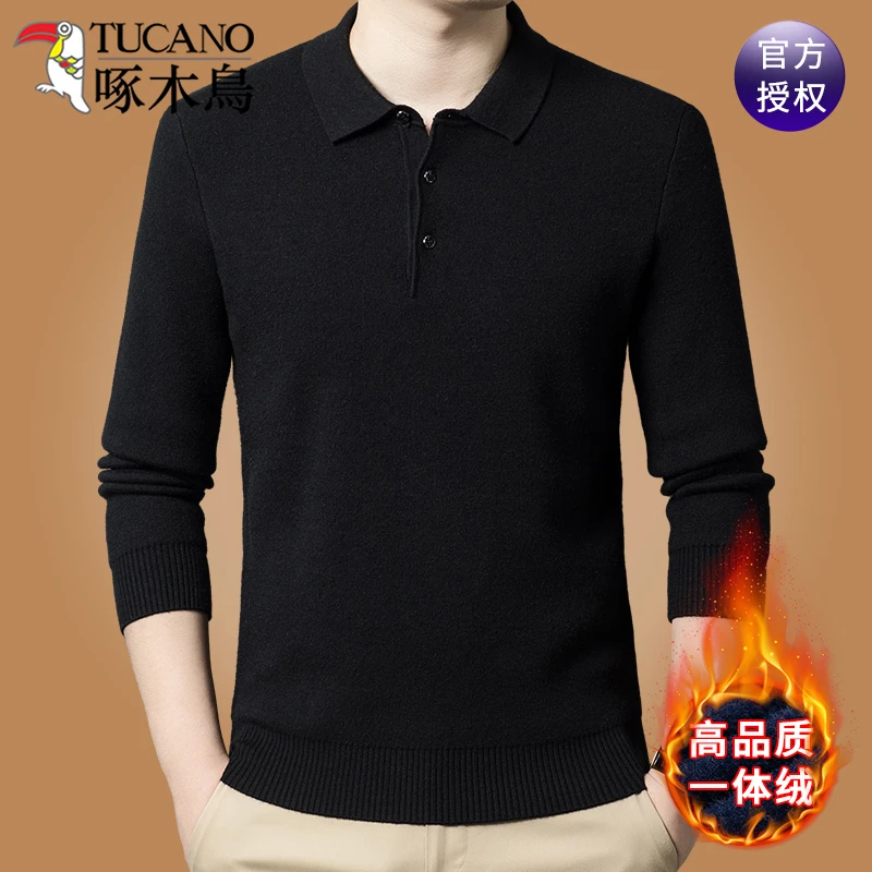 啄木鸟100%纯羊毛衫男士加绒加厚毛衣中年翻领打底保暖羊毛衫上衣