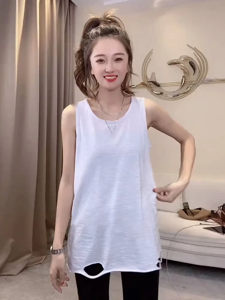 内搭叠穿露白边中长款背心女春秋美拉德竹节棉打底衫无袖白色t恤