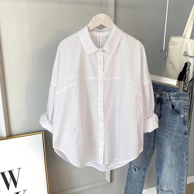 2024春装韩版时尚落肩宽松纯棉衬衣女长袖百搭显瘦休闲衬衫上衣潮