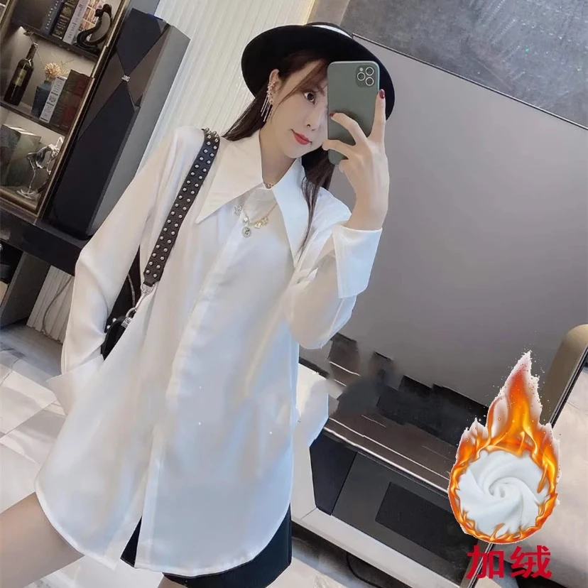 法式复古尖领秋冬装内搭衬衫女长袖宽松设计t恤感中长款加绒衬衣