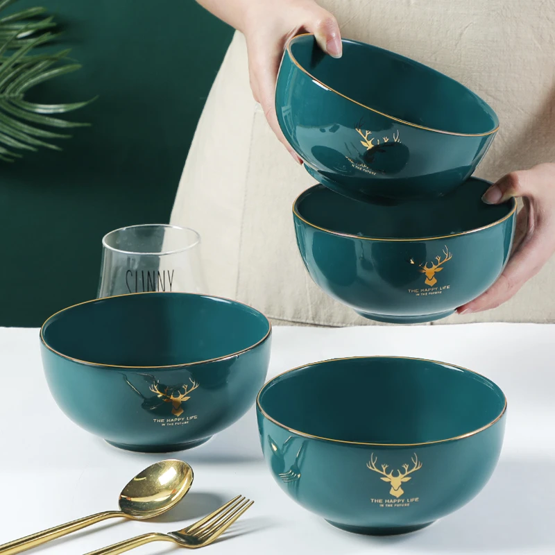 【粉丝福利】6英寸金边鹿头面碗4只装家用金边面碗网红风陶瓷水果碗