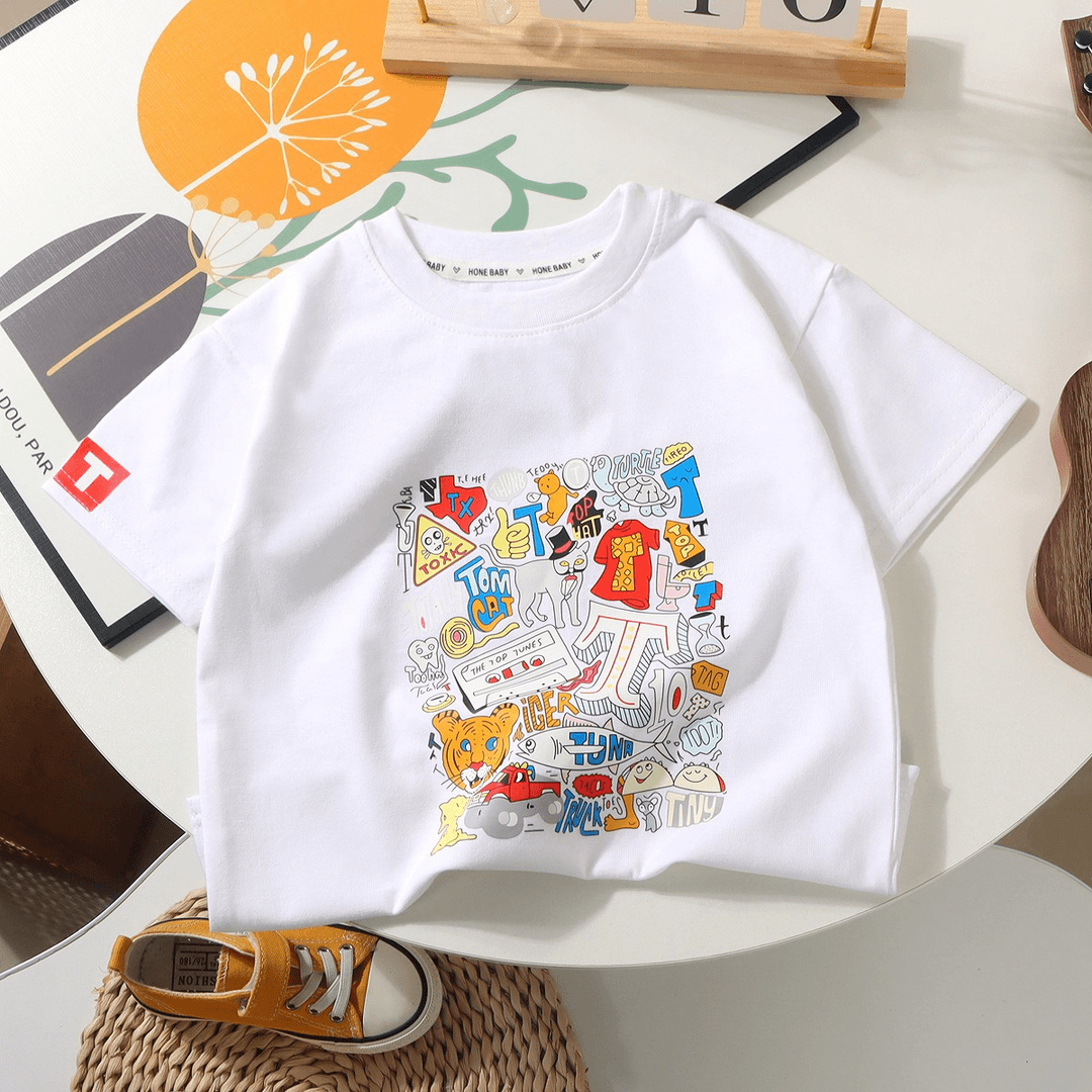 儿童夏季新款短袖纯棉上衣男童印花半袖女童时尚衣服大童潮流短袖