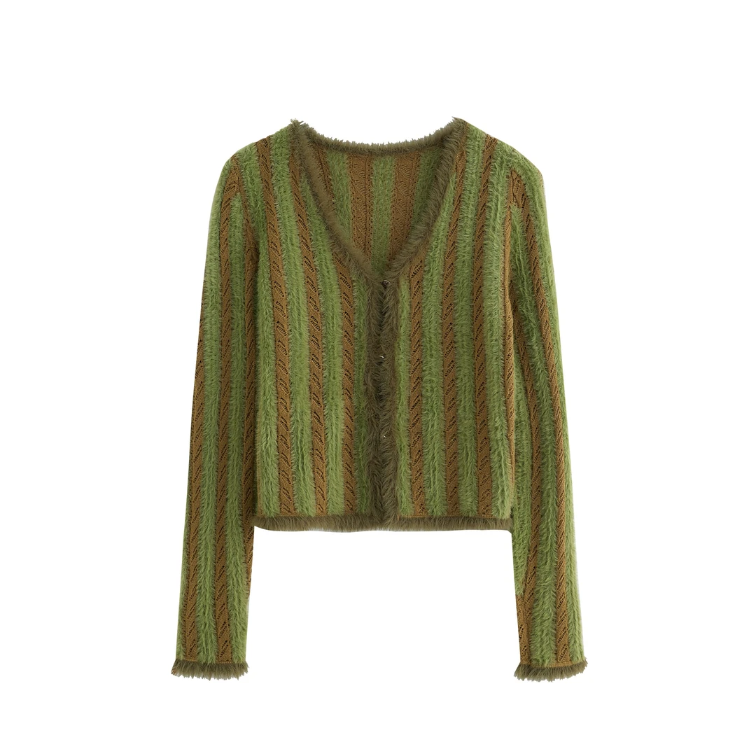 mchirlay/米时兰2023秋季新款竖条纹针织长袖开衫橄榄色