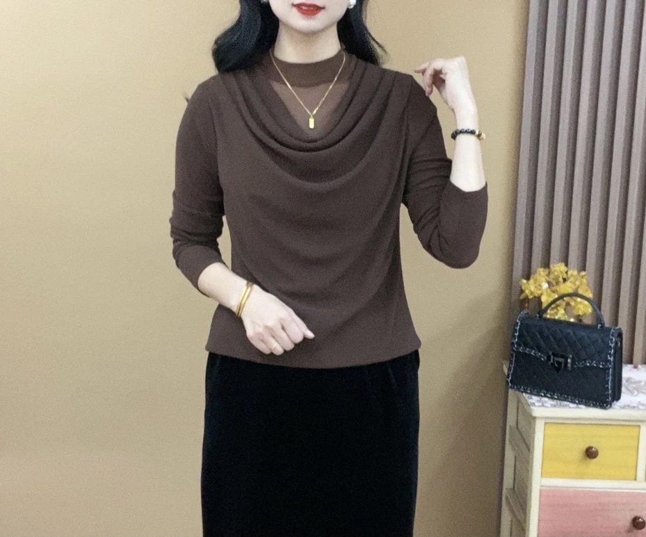 2023秋季长袖网纱时尚气质显瘦洋气高领堆堆领纯色百搭小衫231017