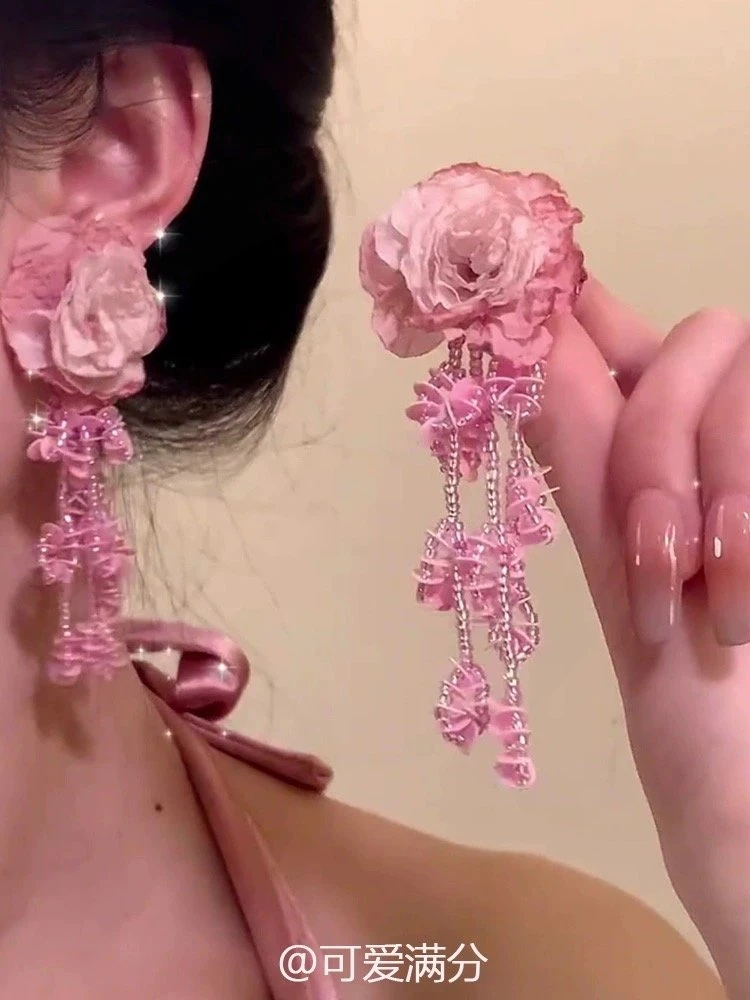 铜合金耳饰 「人面桃花」复古粉色花朵耳钉春夏新款高级感夸张耳饰