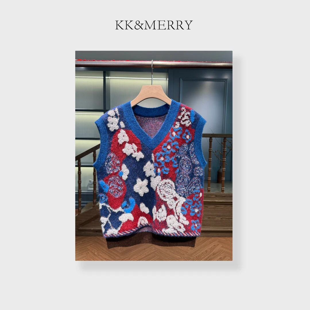 KK&MERRY复古宽松立体花朵绣提花针织无袖背心马甲KKDD0191