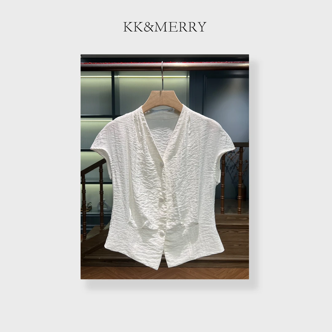 KK&MERRY法式小众别致V领设计感无袖百搭单排扣衬衫KKAC285