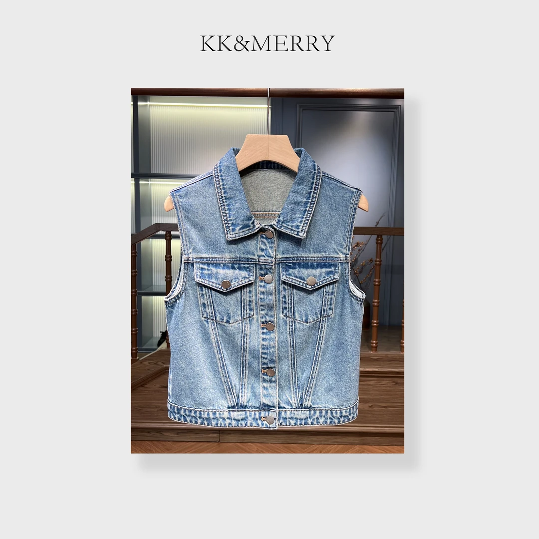 KK&MERRY百搭设计感坎肩薄款无袖外穿短款牛仔马甲外套KKDD142