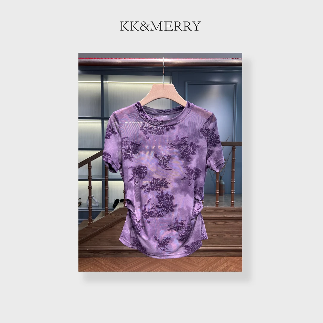KK&MERRY显瘦百搭复古扎染圆领褶皱收腰显瘦短袖T恤KKRA345