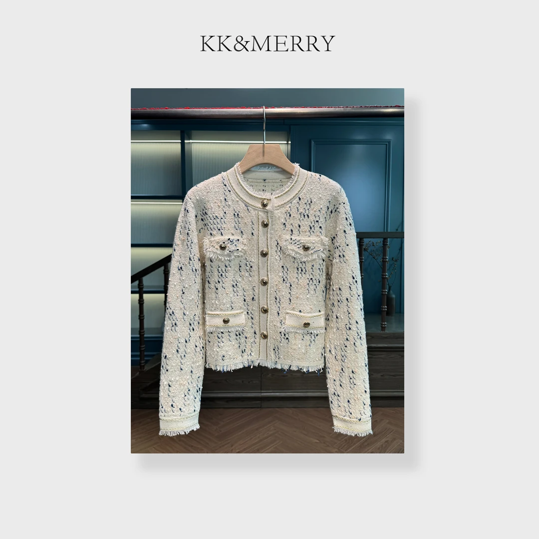 KK&MERRY满天星 百搭轻奢气质立领纽扣长袖毛须小香风外套KKSC094