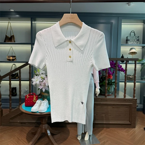 KK&MERRY(小蜜蜂)显瘦坑条修身Polo翻领短袖百搭针织衫KKKW829