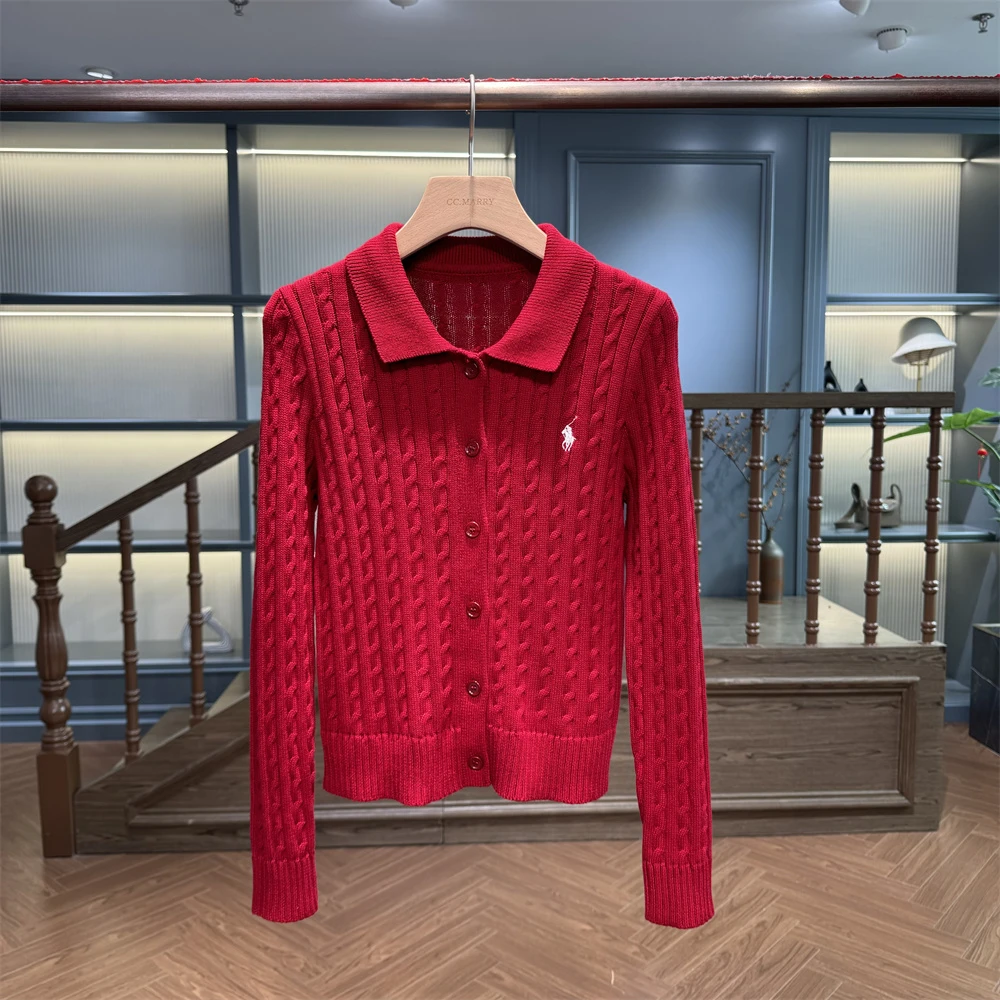KK&MERRY百搭复古小马标麻花polo领长袖针织开衫KKJK761