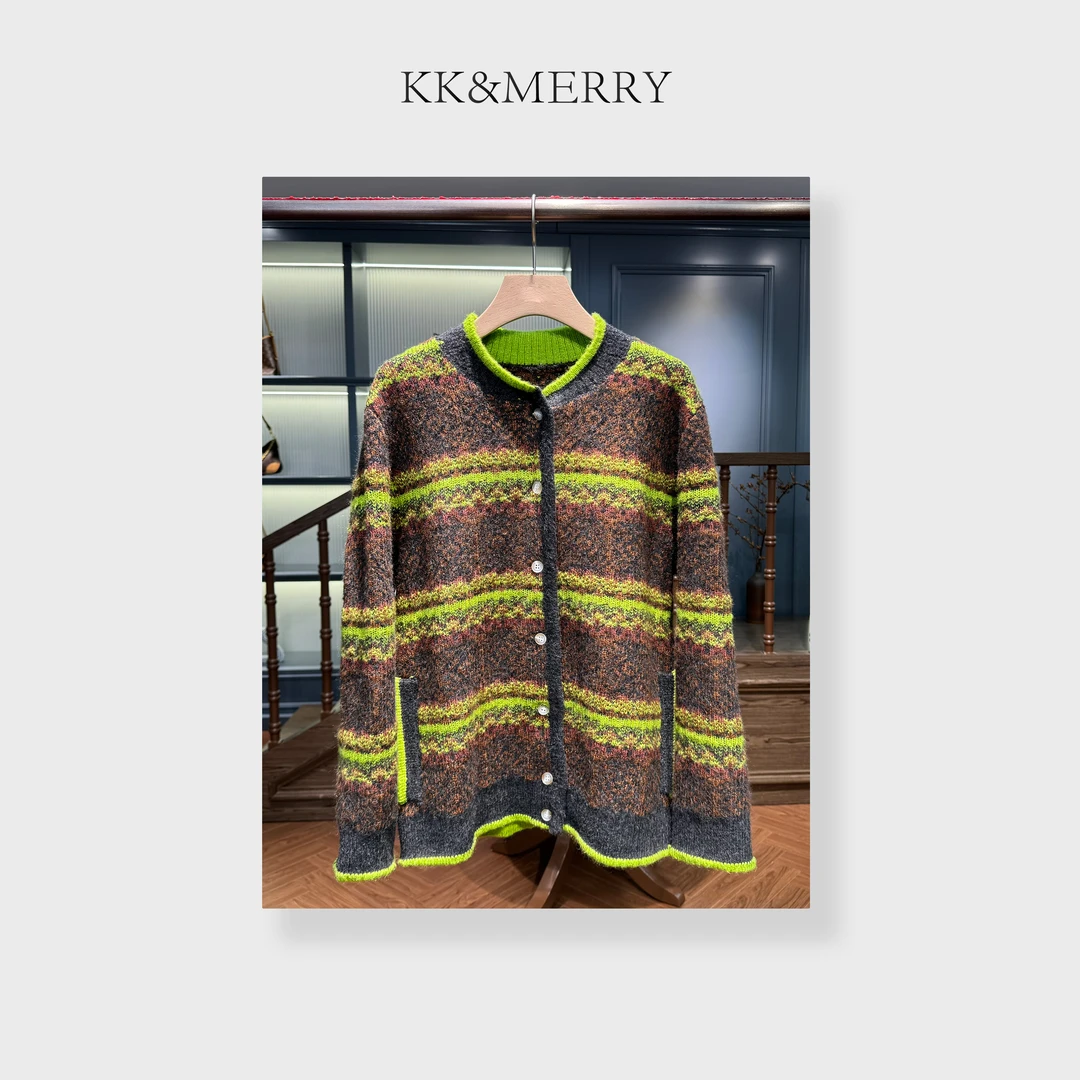 KK&MERRY时尚加厚休闲简约百搭气质条纹针织开衫KKJK773