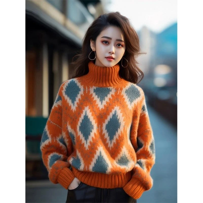 休闲设计感毛衣女秋冬爆款撞色菱形针织衫上衣精致简约通勤羊毛衫