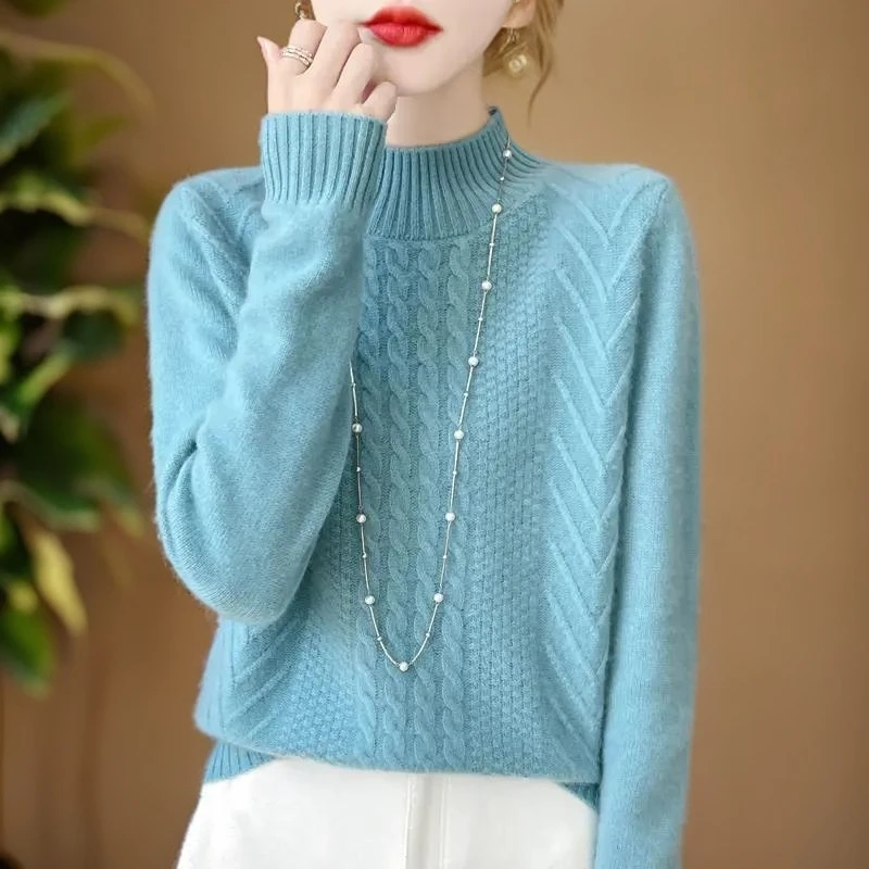 【鄂尔多斯市简约通勤羊毛衫女】半高领针织打底衫女休闲设计感毛衣