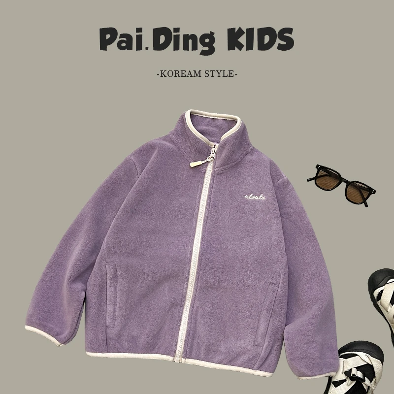 【Umi现货】秋冬装儿童韩版撞色休闲宽松百搭立领毛绒外套SJ4801