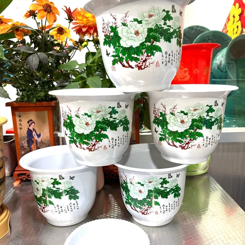 5套200#白色牡丹花盆【直径19.5厘米,高度15.5厘米,带托盘】