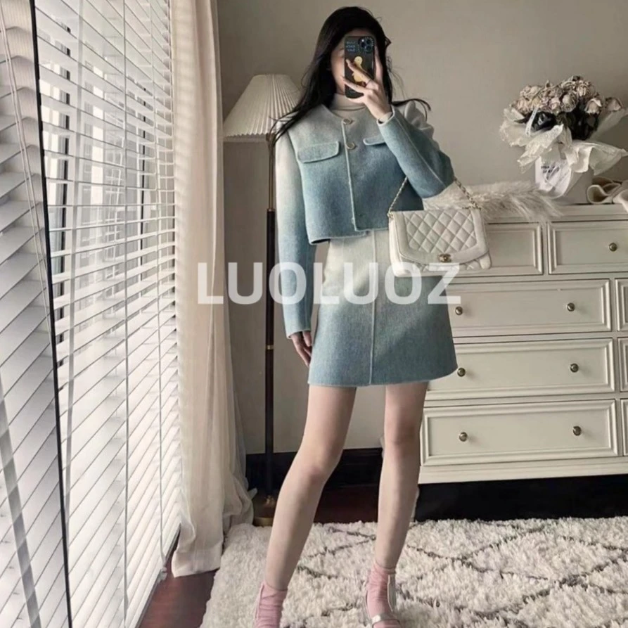 LUOLUOZ【莫兰迪】雾霾蓝渐变设计感双面绵羊毛半裙外套套装H764