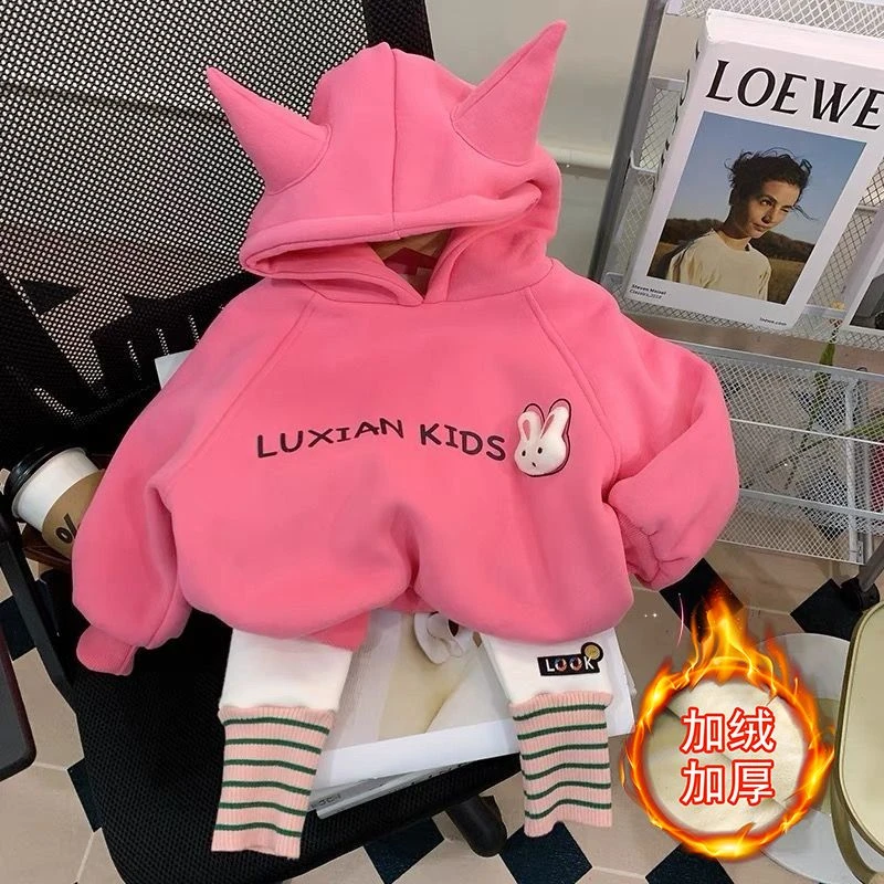 优选女童冬季加绒连帽运动套装2023新款宝宝小童洋气女宝加厚两件
