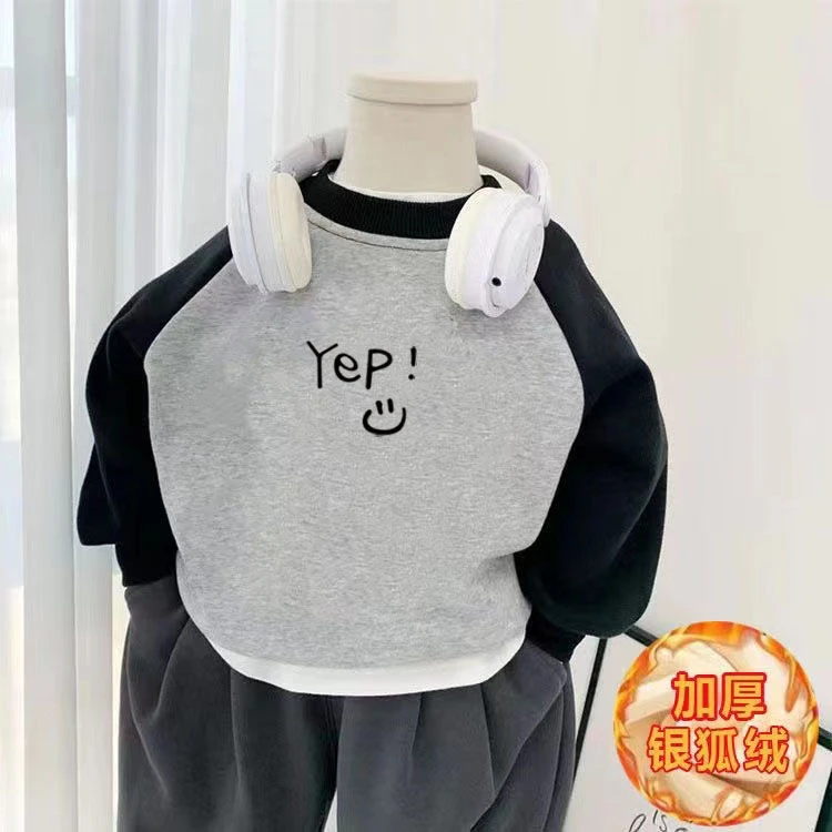 优选男童冬装一体绒童装卫衣中小童韩范印花套头衫洋气儿童加绒上