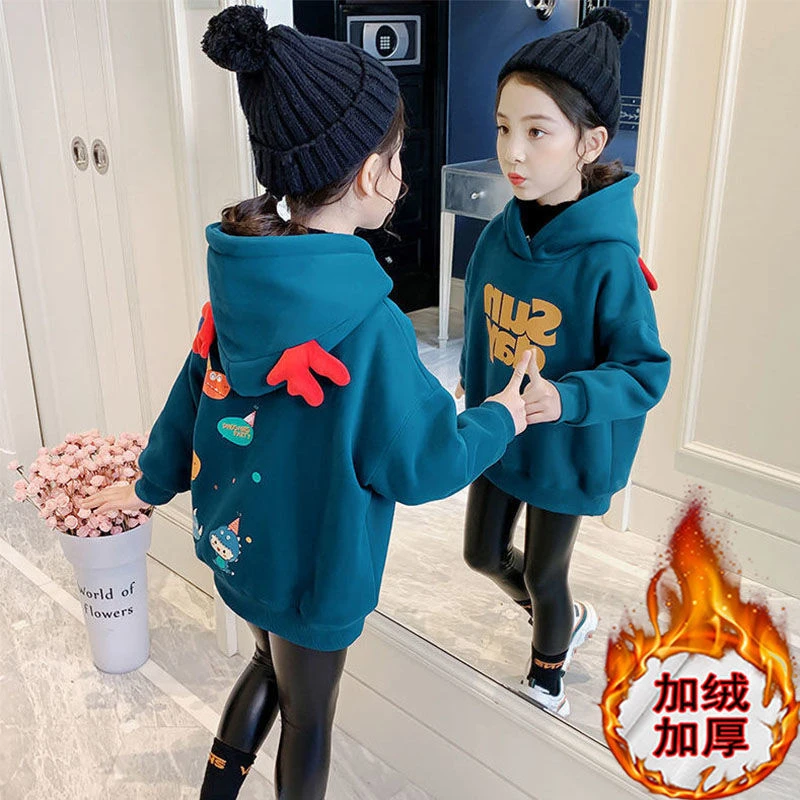 优选女童卫衣加绒加厚冬装2023新款洋气女孩连帽卡通衣服冬季儿童