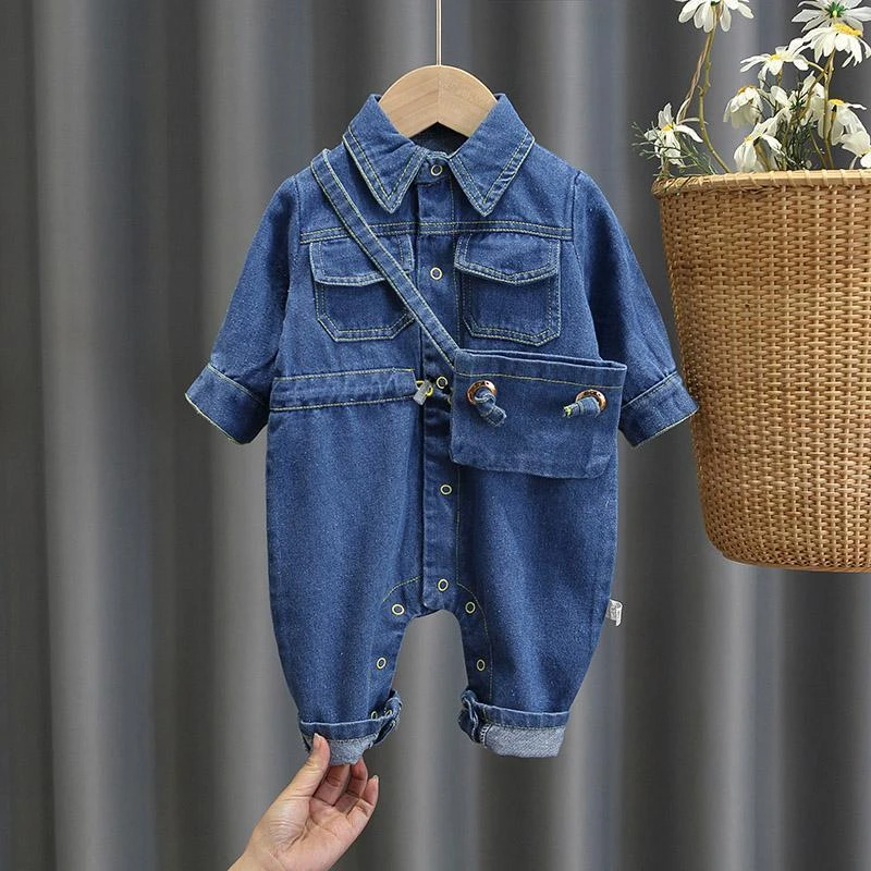 优选网红婴儿牛仔连体衣秋装韩版洋气0一1岁男女宝宝衣服春秋哈衣