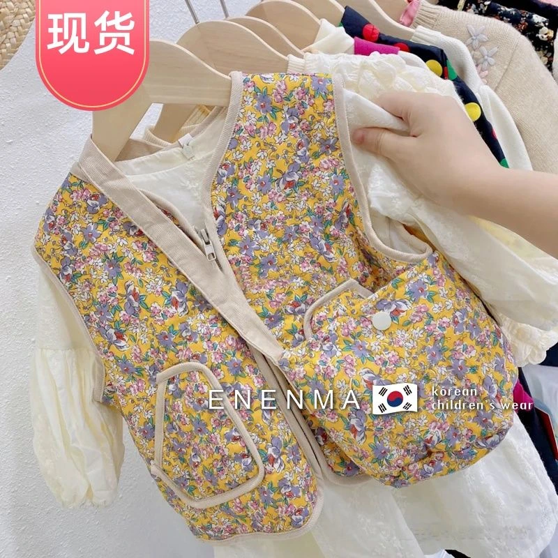 优选韩国童装女童洋气复古碎花马甲背心2022儿童秋冬女孩时尚夹克
