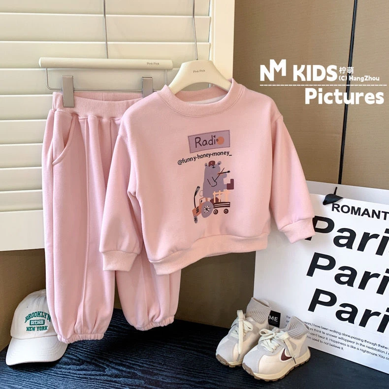 优选儿童秋冬加绒加厚套装2023新款韩版男女童卡通小熊卫衣卫裤两