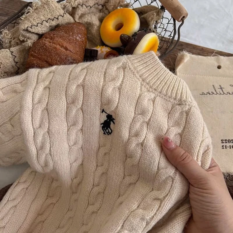 优选儿童保暖毛衣2023秋冬男女童纯色刺绣长袖针织宝宝套头绞花毛