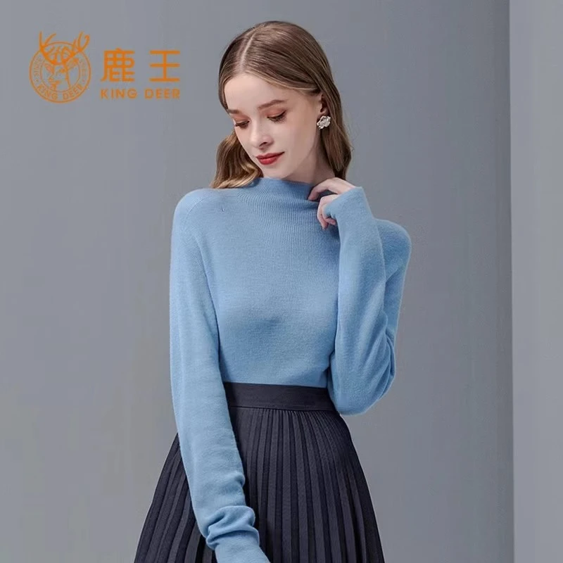 冬季新款女士半高领长袖气质山羊绒衫百搭显瘦保暖针织天蓝色毛衣