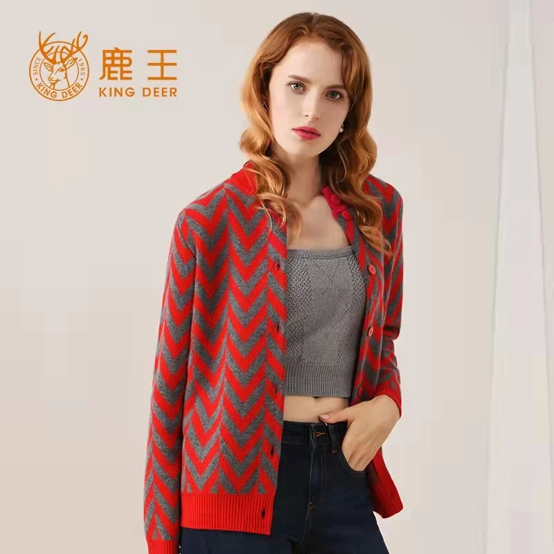 秋冬季新品女士半高领加厚单排扣开衫保暖鹿王纯山羊绒百搭外套穿