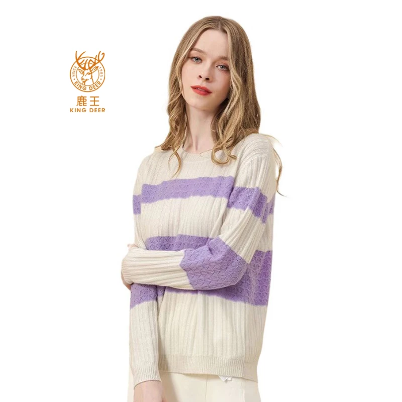 女士圆领休闲条纹百搭针织纯山羊绒衫打底时尚慵懒风长袖冬季保暖