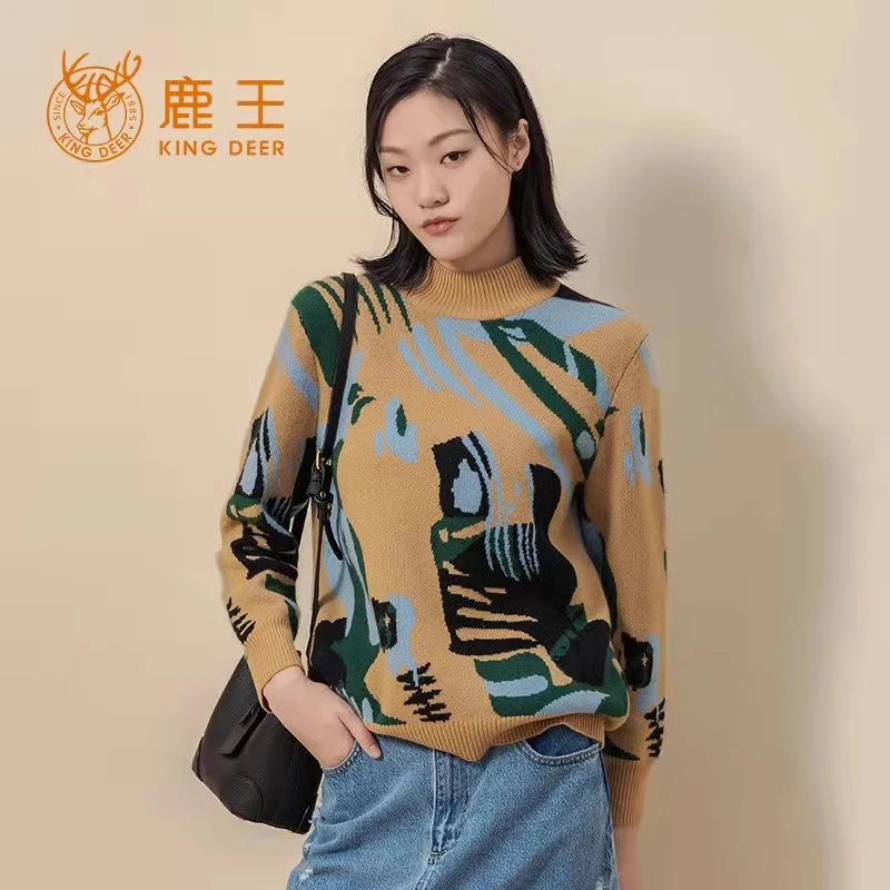 冬季女士半高领纯山羊绒衫百搭时尚宽松印花厚款长袖保暖毛衣