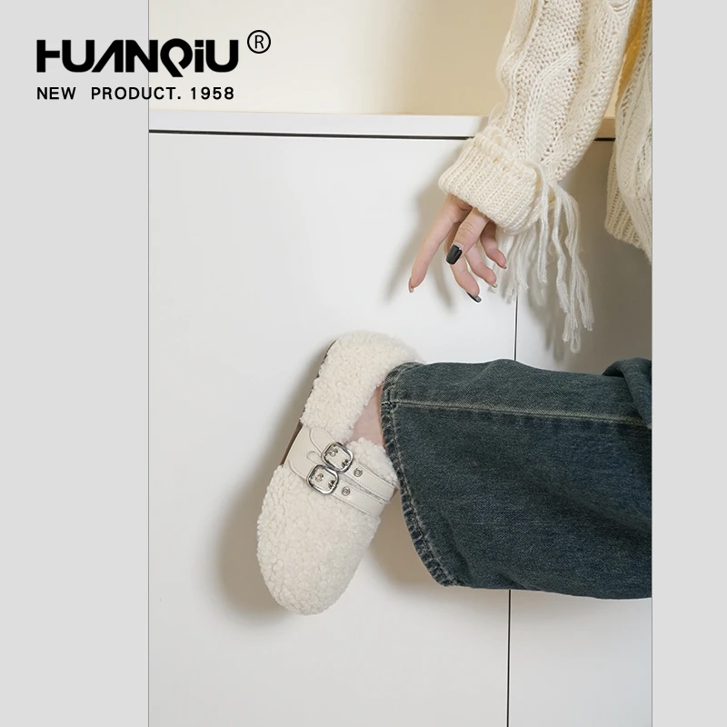 环球包跟勃肯鞋女士外穿秋冬季2023新款加绒保暖时尚搭扣毛毛拖鞋