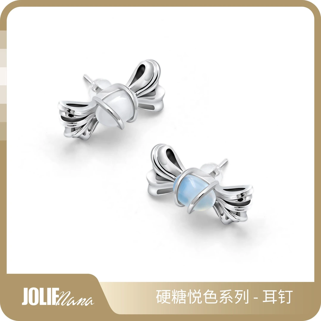 铜合金耳饰 硬糖悦色耳钉/镀金月光石白水晶蝴蝶结/JOLIENANA