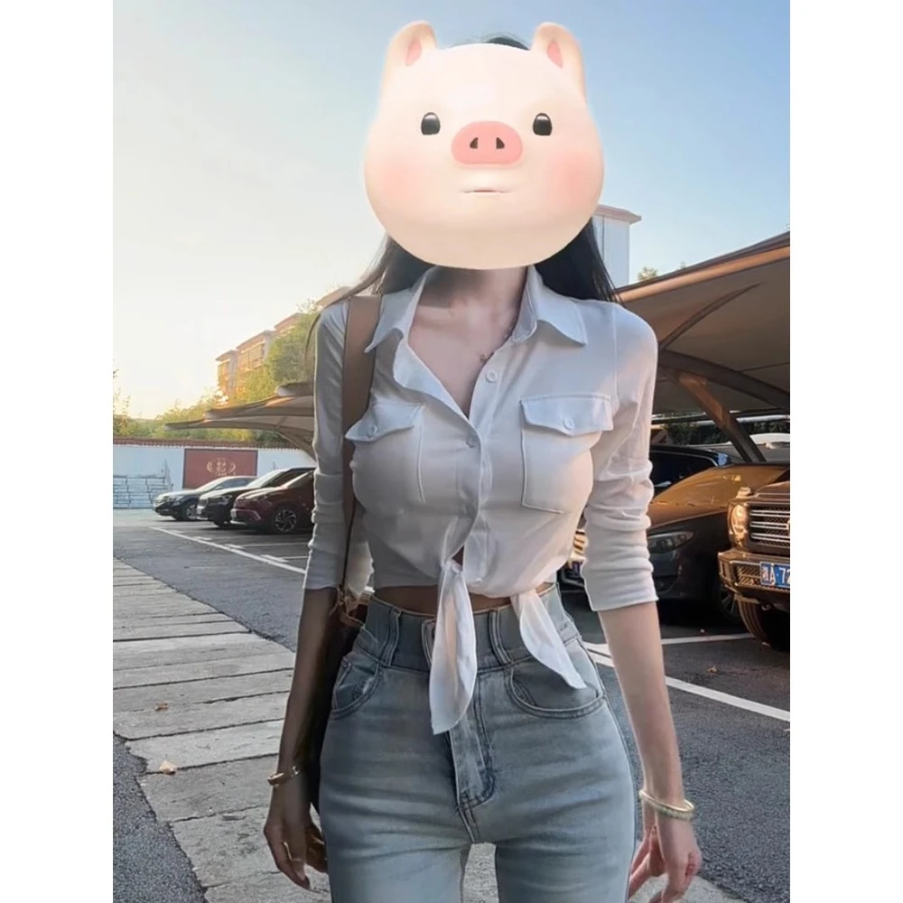 性感纯欲翻领单排扣长袖衬衫女秋冬新款修身显瘦辣妹气质包臀裙